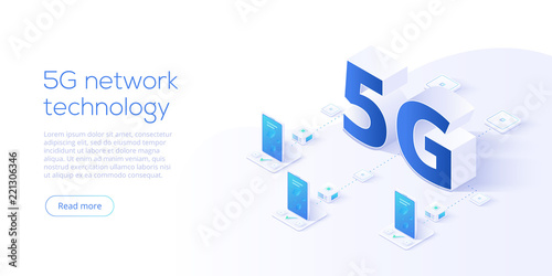 5g network technology in isometric vector illustration. Wireless mobile telecommunication service concept. Marketing website landing template. Smartphone internet speed connection background.