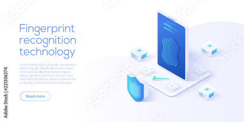 Fingerprint recognition technology in isometric vector illustration. Smartphone id security system concept. Finger touch scanner app. Web landing page template.