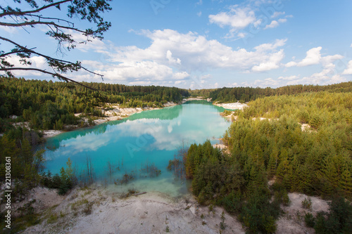 turquoise lake in the pine forest, Kyshtym, Russia
