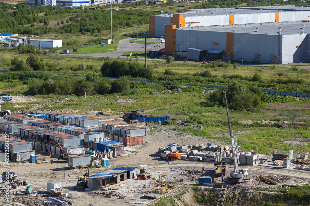 Temporary outbuildings on the construction site, top view Temporary outbuildings on the construction site, top view