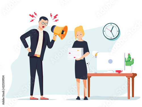Vector cartoon illustration of angry boss and frightened employee. Man standing near the table