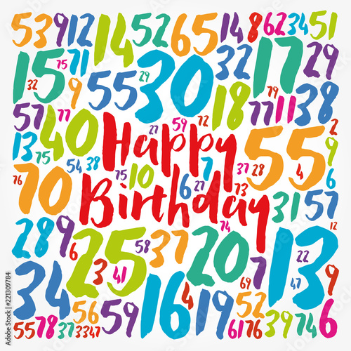 Happy Birthday word cloud collage with numbers, holiday concept background