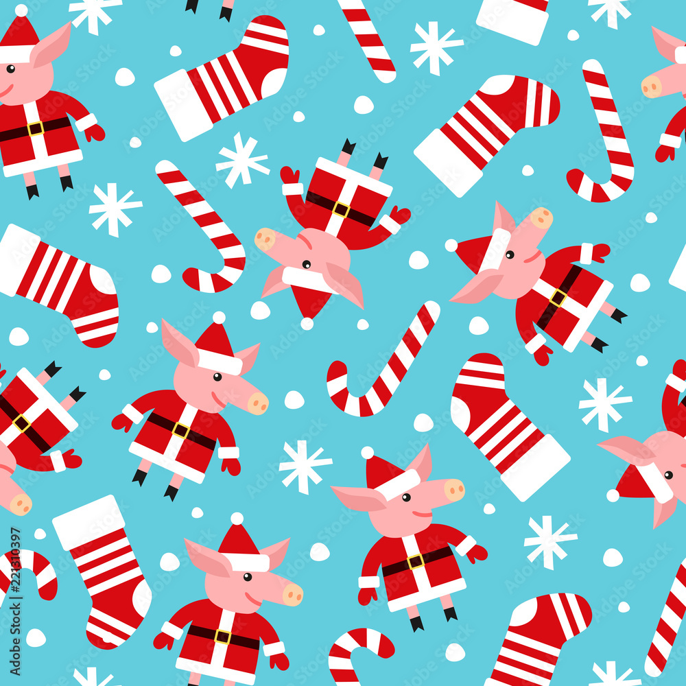 New Year`s vector seamless pattern with pigs, snowflakes and candies New Year`s vector seamless pattern with pigs, snowflakes and candies