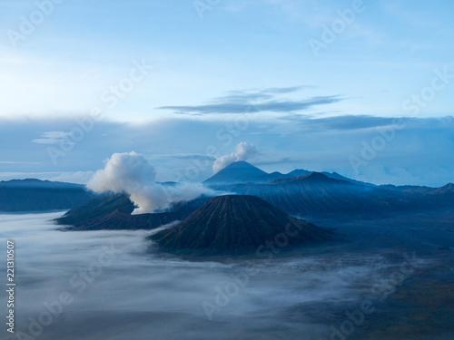 Beautiful mount Bromo volcano (Gunung Bromo) during colorful sunrise from viewpoint on Mount Penanjakan in Bromo Tengger Semeru National Park, East Java, Indonesia. November, 2017