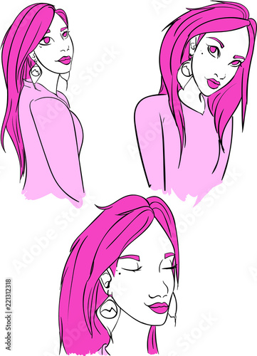 Pink lady Vector. Cartoon graphic illustration. Storyboard woman portraits