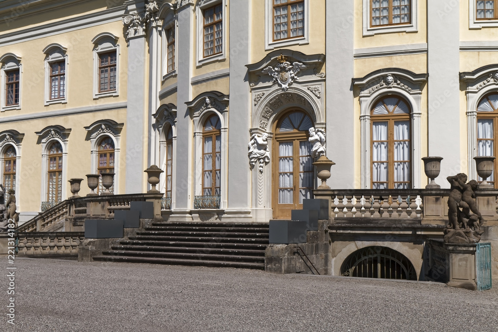 Ludwigsburg, Germany - The historic entrance with stairs and ornamental railing.