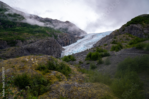 View of Exit Glacier near Seward, AK on an overcast day at the beginning of the Harding Ice Field trail in Kenai Fjords National Park