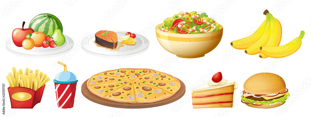 A set of food on white background