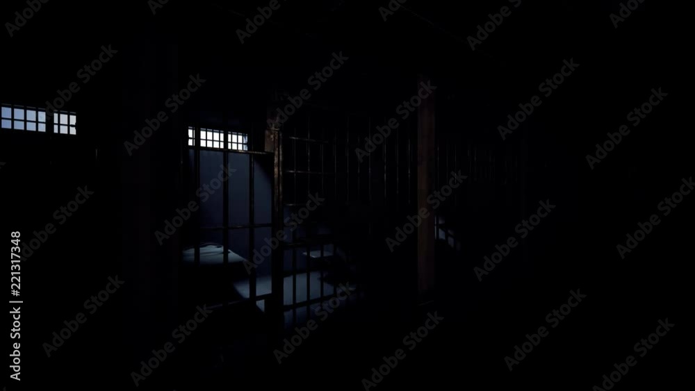 Dirty prison cells lights turning off. Simulation of the sudden evacuation.
