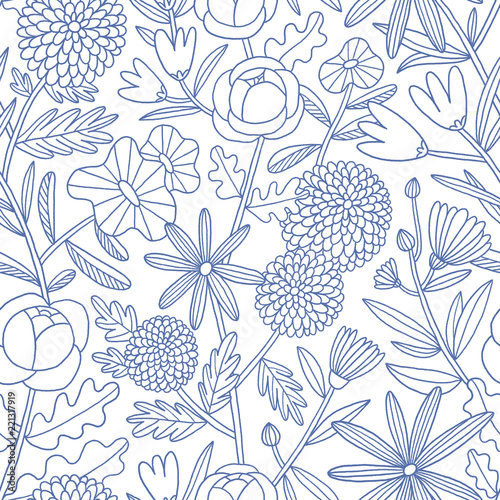 I have a lot of flowers, blue outline floral seamless pattern illustration, summer or spring garden