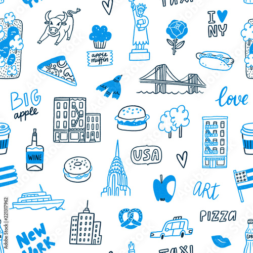 New York blue doodle seamless pattern