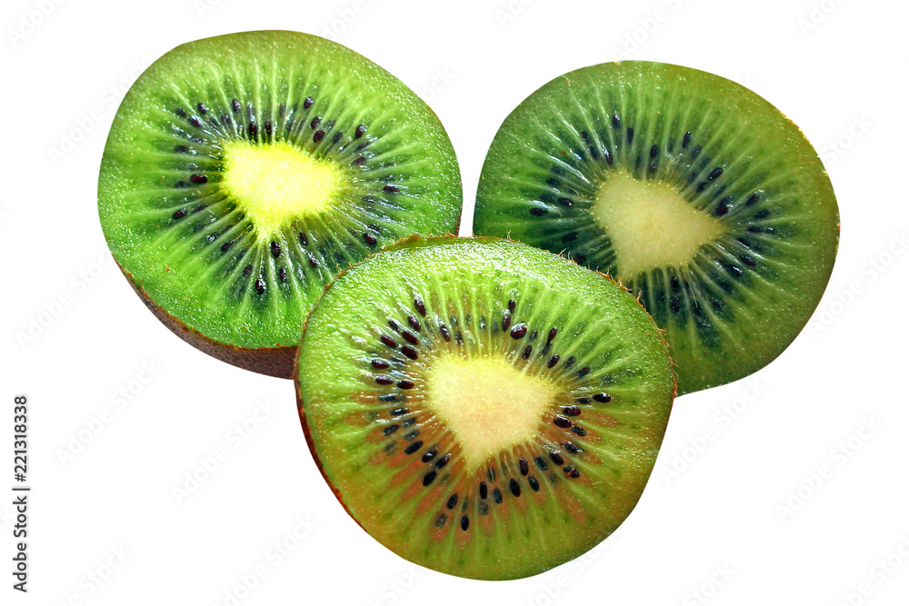 Fototapeta premium Kiwi fruit cut into three pieces on white isolated background, close-up