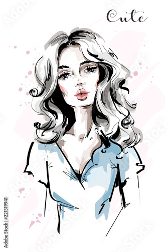 Hand drawn beautiful young woman with long hair. Stylish elegant girl. Fashion woman portrait. Sketch.