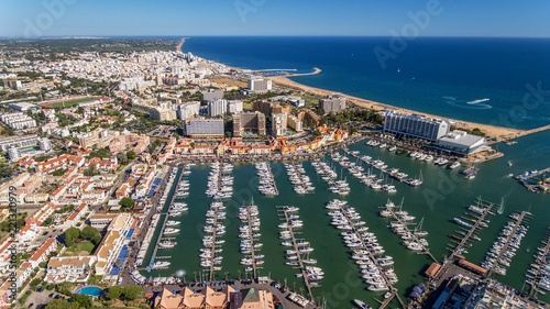 Print op canvas Aerial view of the bay of the marina, with luxury yachts in Vilamoura