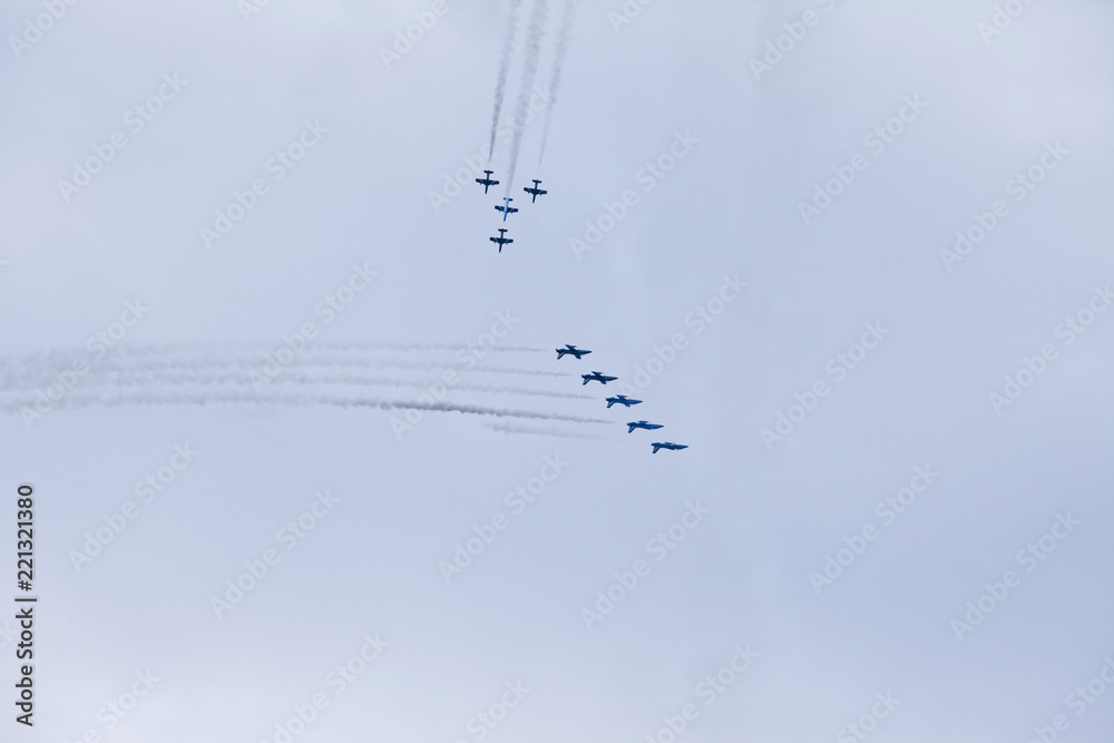 Radom, Poland- August 24, 2018: A group of aircrafts flies during air show