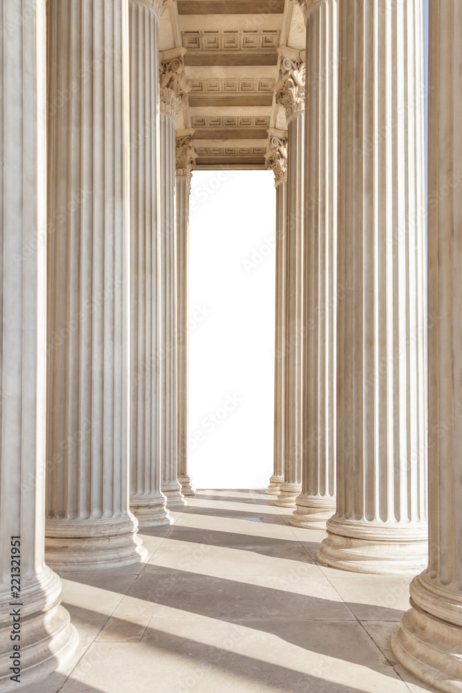 The enfilade of the classical columns in greek style with white place for text. The Austrian Parliament Building