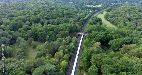 Aerial view of fast moving commuter train in the middle of the forest . photo