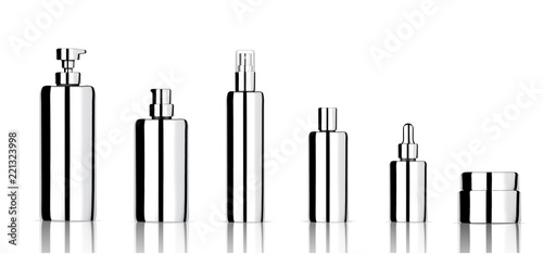 Mock up Realistic Metallic Cosmetic Soap, Shampoo, Cream, Oil Dropper and Spray Bottles Set for Skincare Product with Cap on white Background Illustration