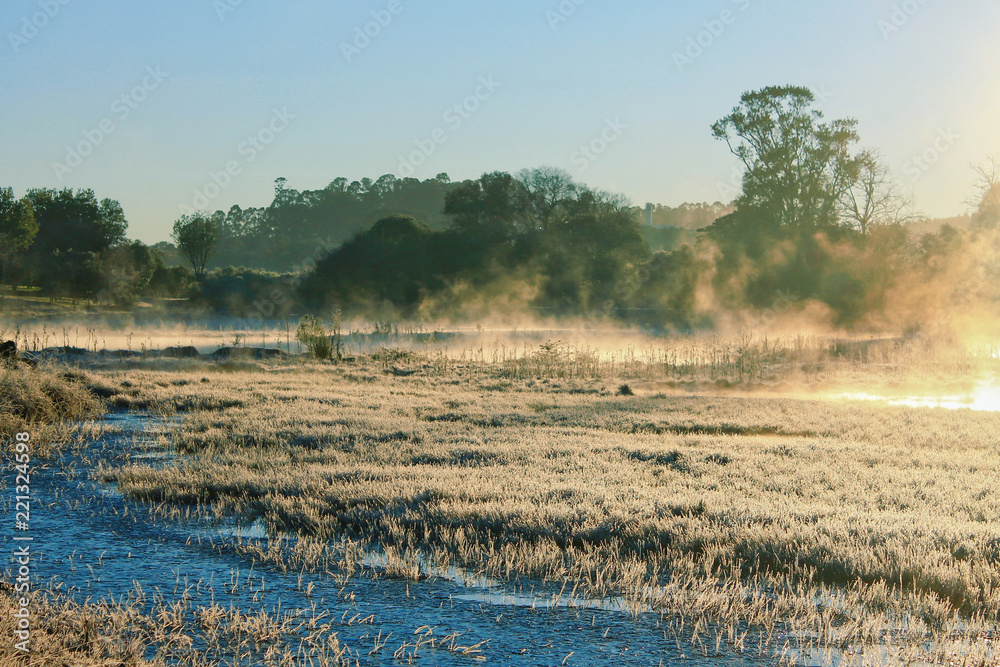 A very icy morning scene with frost formation, at sunrise at a public city park