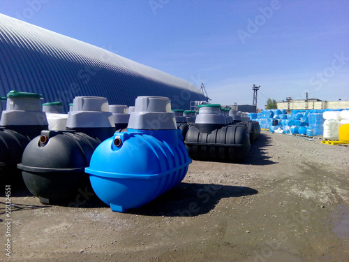 Septic tanks and other storage tanks at the manufacturer factory depot