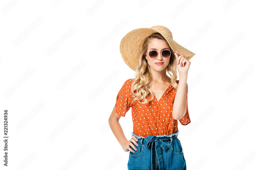 portrait of beautiful young woman in straw hat and sunglasses posing isolated on white portrait of beautiful young woman in straw hat and sunglasses posing isolated on white