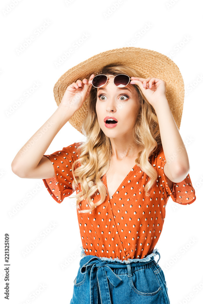 portrait of young shocked woman in straw hat and sunglasses isolated on white portrait of young shocked woman in straw hat and sunglasses isolated on white