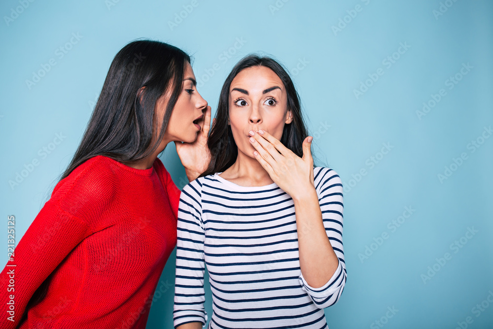 Gossip between friends. Two excited cute young women are chatting in casual clothes over blue background Gossip between friends. Two excited cute young women are chatting in casual clothes over blue background