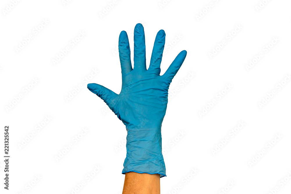 woman's hand in a rubber glove. Isolate on white background. The concept of the work of a cook in a restaurant woman's hand in a rubber glove. Isolate on white background. The concept of the work of a cook in a restaurant