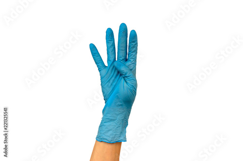 woman's hand in a rubber glove. Isolate on white background. The concept of the work of a cook in a restaurant