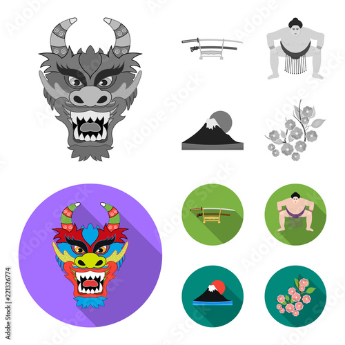 Dragon mask, katano, a man is a sumo player, a fujiama mountain.Japan set collection icons in monochrome,flat style vector symbol stock illustration web. photo