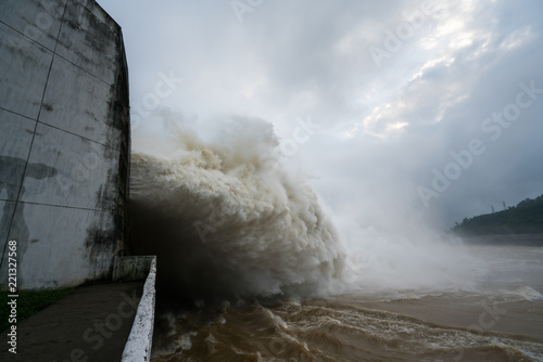 Strong stream of water at the dam hydroelectric Hoa Binh, Vietnam