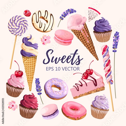 Set of delicious fruit sweets and desserts photo