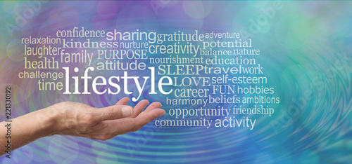 Lifestyle word tag cloud - female hand palm facing up with the word LIFESTYLE floating above surrounded by a relevant positive word tag cloud against a blue purple water ripple bokeh background

