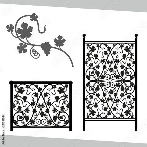 Forged modules, vine leaves ornament, vine, window grates isolated on white background