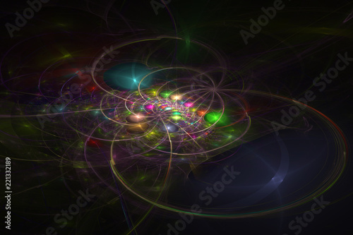 Abstrct Digital Artwork. The theme of the cosmos and the universe. A distant galaxy against the background of dark space. Technologies of fractal graphics.