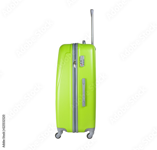 Lime suitcase isolated on white background. Polycarbonate suitcase isolated on white. Lime suitcase.