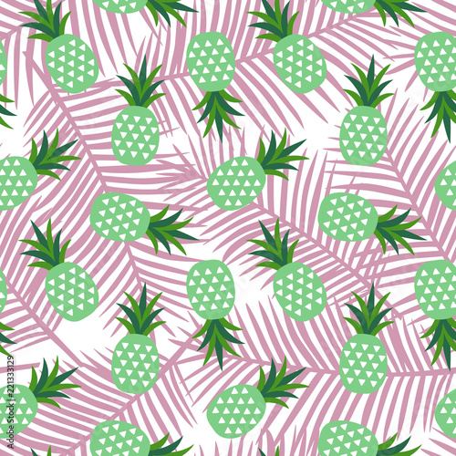 green pineapple with triangles geometric fruit summer tropical exotic hawaii sweet pattern on a light pink palm leaves background seamless vector
