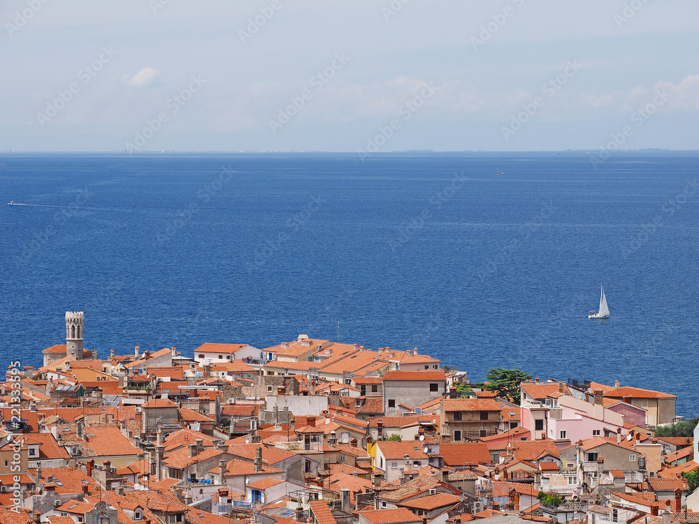 View of town Piran in Slovenian Istria on the Adriatic coast with lighhouse Punta