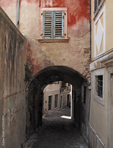 narrow streets in the historic center town Piran in Slovenian Istria on the Adriatic coast