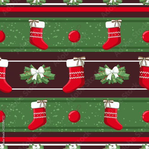 Christmas illustration pattern with decorations, sock, tree. use for postcards, wallpapers, textiles, scrapbooking, decoration, invitations, background, holiday.