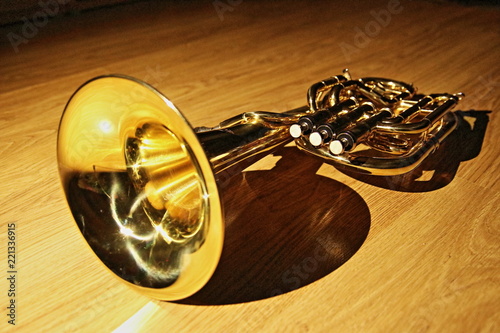 Tableau sur toile Brass tenor horn on wooden floor
