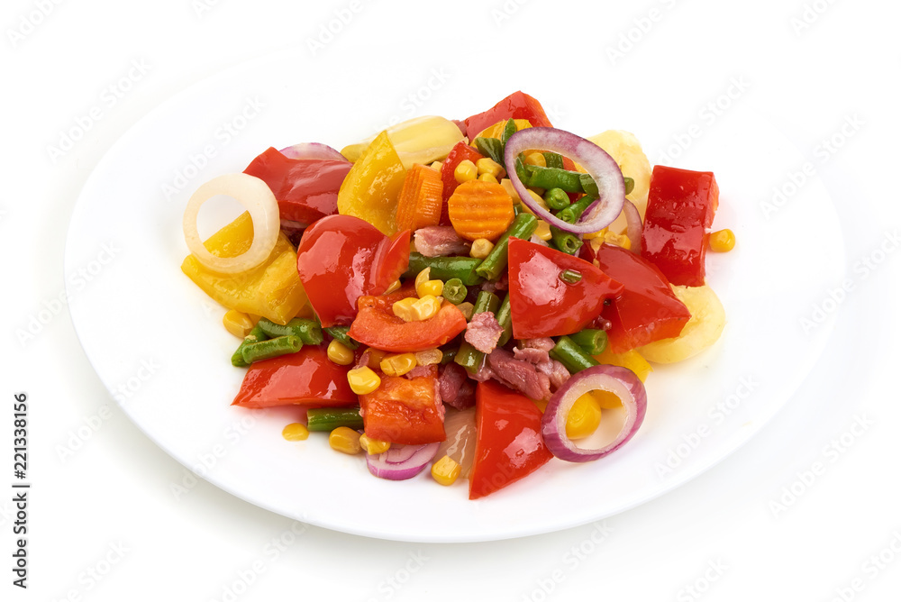 Healthy snack of assorted farm fresh roast vegetables in a white plate, isolated on white backgound. Healthy snack of assorted farm fresh roast vegetables in a white plate, isolated on white backgound.