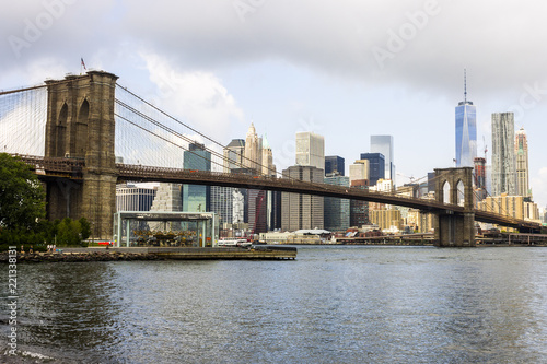 New York City. Views of Lower Manhattan skyline with Brooklyn Bridge