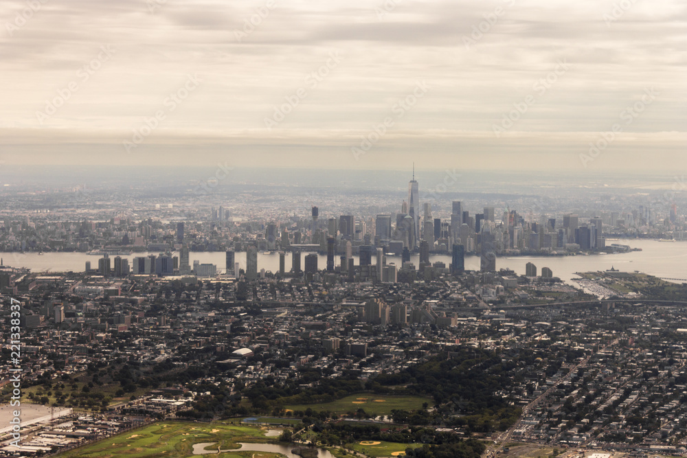 New York City. Aerial views of the Manhattan Skyline from a flight
