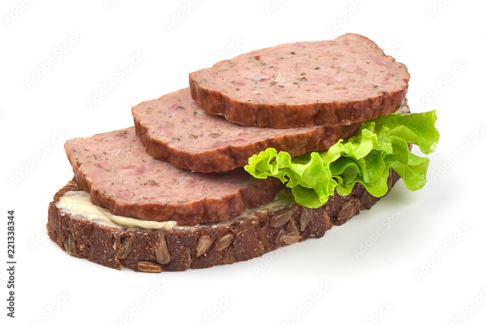 Traditional baked meatloaf slices sandwich, isolated on white background.