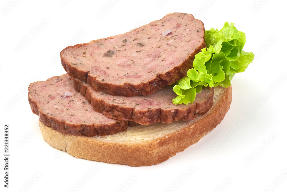 Traditional baked meatloaf slices sandwich, isolated on white background. Traditional baked meatloaf slices sandwich, isolated on white background.