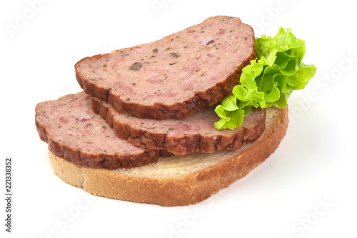 Traditional baked meatloaf slices sandwich, isolated on white background.