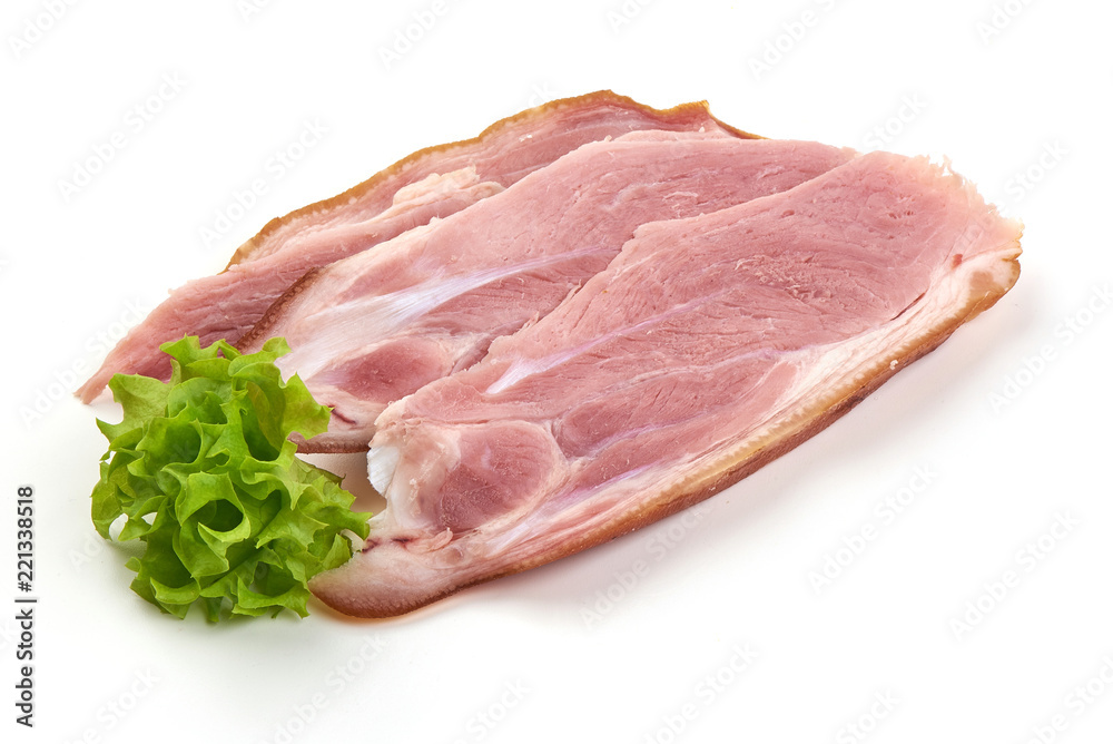 Sliced Italian prosciutto crudo or jamon. Smoked Pork ham, isolated on white background. Sliced Italian prosciutto crudo or jamon. Smoked Pork ham, isolated on white background.