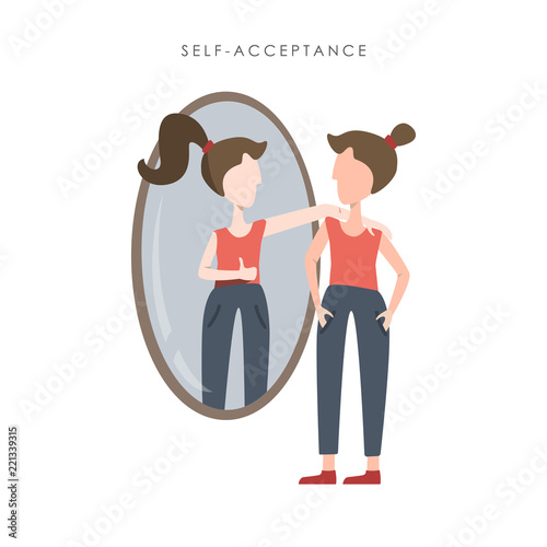 Vector illustration of self acceptance. Young woman watching at her reflection in the mirror