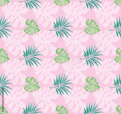 Tropical pattern with pink background and watercolor painted monstera leaves and palm